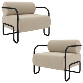 Kit 2 Poltronas Decorativas Sala de Estar Polatsk Base Industrial de Ferro Veludo Bege G33 - Gran Belo