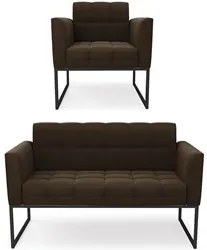 Sofá Namoradeira e 1 Poltrona Base Industrial Preto Ana Suede Marrom -