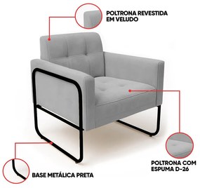 Poltrona Sala Industrial Alta Tubo Preto Elisa Veludo D03 - D'Rossi - Cinza