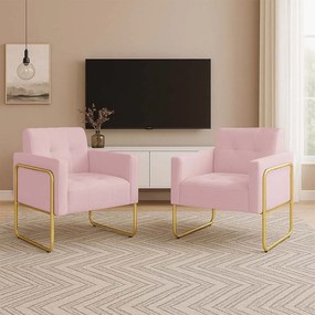 Poltrona Sala Industrial Alta Tubo Dourado Kit 2 Elisa Suede D03 - D'Rossi - Rosa Bebê