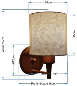 Arandela Cilíndrica Md-2009 Base Cobre Cúpula em Tecido 14x15cm Rustico Bege - Bivolt
