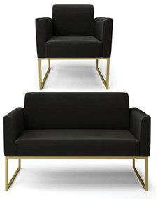 Sofá Namoradeira com Poltrona Base Industrial Dourado Marisa Suede Preto D03 - D'Rossi
