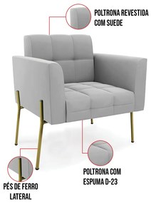 Poltrona Pé de Ferro Dourado para Sala Elisa Suede D03 - D'Rossi - Cinza