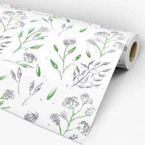 Papel de parede adesivo floral verde cinza e branco
