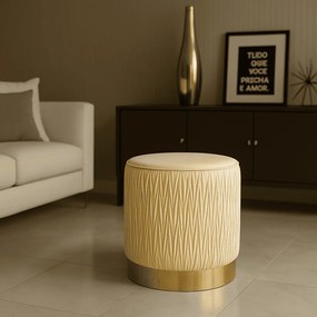 Puff Decorativo Redondo de Natal Com Veludo Bege Com Detalhe Dourado na Base - D'Rossi