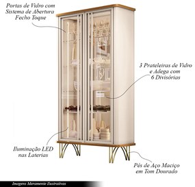 Conjunto Cristaleira Buffet com LED Portas de Vidro Pés Aço Maciço Cor Dourado Texas/Virginia Off White/Cinamomo G26 - Gran belo