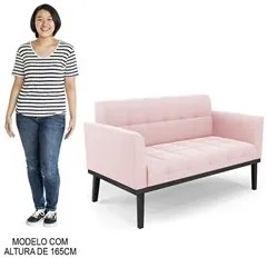 Sofá Namoradeira e 2 Poltronas Base Madeira Preto Ana Suede Rosa Bebê