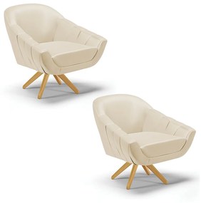 Kit 02 Poltronas Giratória Giovana Corino Bege Base Madeira MA30 - D'Rossi