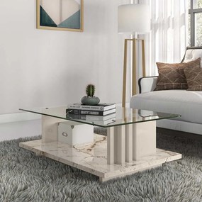 Mesa de Centro Decorativa Tampo em Vidro Gusmao MDP Calacata/OffWhite G97 - Gran Belo