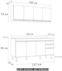 Armário Cozinha e Balcão Com Tampo 160cm Arkansas Cinza Claro - Lumil