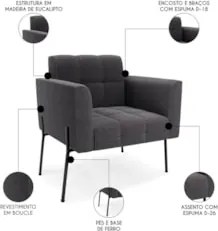 Poltrona Para Sala Pé Metal Preto Kit 2 Ana Bouclé Grafite - Ibiza