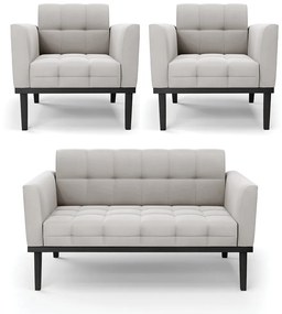 Conjunto 2 Poltronas e 1 Namoradeira Decorativa Karen Pés Fixo em Madeira Preto Veludo Cinza G19 - Gran Belo