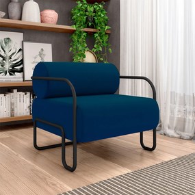 Poltrona Decorativa Sala de Estar Polatsk Base Industrial de Ferro Veludo Azul G33 - Gran Belo