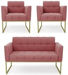 Sofá Namoradeira e 2 Poltronas Base Industrial Dourado Ana Suede Rosê