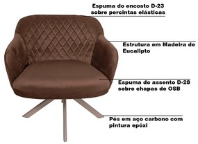 Poltrona Decorativa Kitana Pés Champagne Giratório Veludo Marrom G15 - Gran Belo
