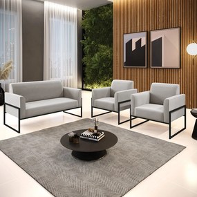 Sofá Namoradeira com 2 Poltronas Base Industrial Alta Preto Marisa Veludo D03 - D'Rossi - Cinza