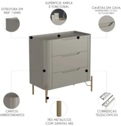 Mesa Cabeceira Quarto 68cm 3 Gavetas Blen Grigio/Dourado I06 - Mpozena