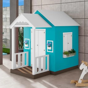 Casinha de Brinquedo MDF com Varanda Artesanal Branco/Azul Turquesa L12 - Gran Belo