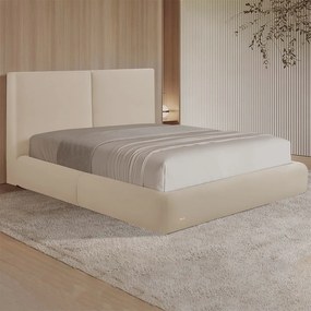 Cama com Cabeceira Elva Queen Base no Chão Veludo Luxo Bege G92 - Gran Belo