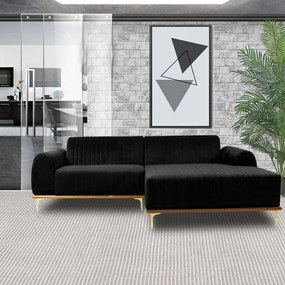 Sofá 3 Lugares Bipartido com Chaise Lado Esquerdo Base de Madeira Euro 230 cm Veludo Preto G15 - Gran Belo