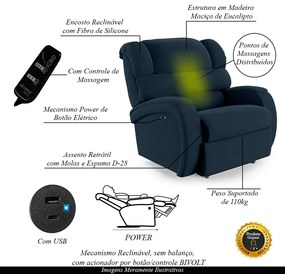 Poltrona do Papai Sala de Cinema Reclinável Kylie Power Touch Massagem USB Veludo Azul G23