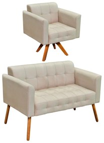 Kit 01 Namoradeira e 01 Poltrona Giratória Elisa Suede Base Madeira MM30 D'Rossi - Bege