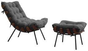 Conjunto Decorativo Poltrona e Puff Abel Base de Madeira Preto Suede Cinza G41 - Gran Belo