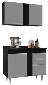 Kit Armário Aéreo e Balcão de Cozinha Lavanderia Aurora com Tampo 100 cm - D'Rossi - Preto e Cinza