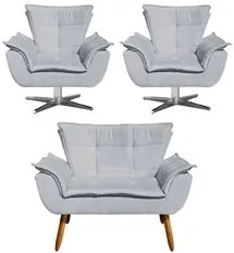 Kit Namoradeira e 2 Poltronas Giratórias Cromada Opla Suede Cinza - Ib