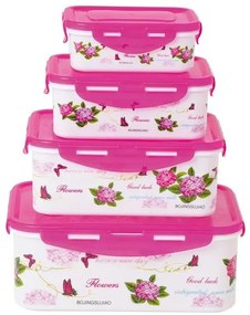 Kit Potes Retangulares Floral Rosa 4 Peças