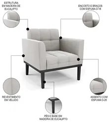 Sofá Namoradeira e 2 Poltronas Base Madeira Preto Ana Veludo Cinza - I