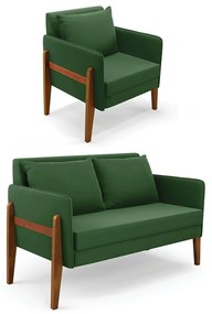 Kit 1 Sofá Namoradeira e 1 Poltrona Lana Suede Verde Base de Madeira - D'Rossi