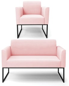 Sofá Namoradeira com Poltrona Base Industrial Preto Marisa Suede D03 - D'Rossi - Rosa Bebê