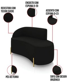 Sofá 2 Lugares Orgânico 140cm Pé Dourado Morgan Suede D03 - D'Rossi - Preto