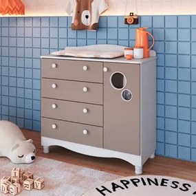 Cômoda Infantil 4 Gavetas 1 Porta Encanto Branco e Cinnamon Completa Móveis
