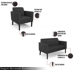 Conjunto 2 Poltronas e 1 Namoradeira Decorativa Isabella Pés Fixo em Madeira Preto PU Preto G19 - Gran Belo