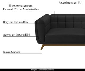 Sofá Decorativo Sala de Estar 240cm Rocket 3 Lugares Base Madeira PU Preto G45 - Gran Belo