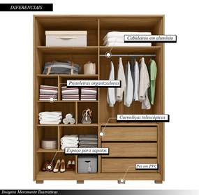 Guarda Roupa Solteiro 178,5cm Bravus 4 Portas de Bater 3 Gavetas  MDP  Buriti/Fendi G11 - Gran Belo