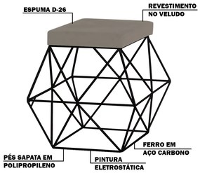 Puff Decorativo Sala de Estar Base Preto Trixie Veludo Cinza G41 - Gran Belo