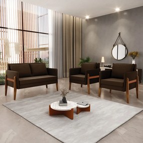 Kit 1 Sofá Namoradeira e 2 Poltronas Lana Suede Marrom Base de Madeira - D'Rossi