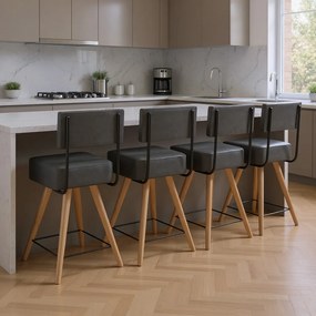 Banqueta Baixa Cozinha 50cm Encosto Pé Madeira Kit 4 Barcelona Pu S02 - D'Rossi - Preto