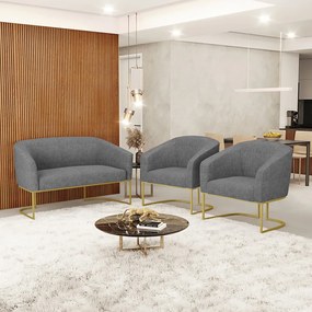 Namoradeira e 2 Poltronas Base Industrial Dourado Stella Linho D03 - D'Rossi - A26 Grafite