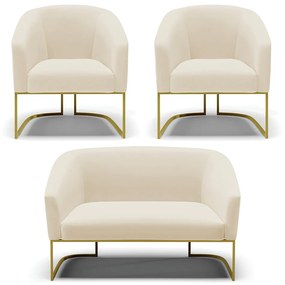 Namoradeira e 2 Poltronas Base Industrial Dourado Stella Linho D03 - D'Rossi - A19 Bege