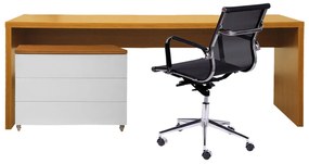 Conjunto Bancada Contemporânea 1,80m Louro Freijó + Módulo 3 Gavetas Louro Freijó e Branco + Cadeira de Escritório Noruega