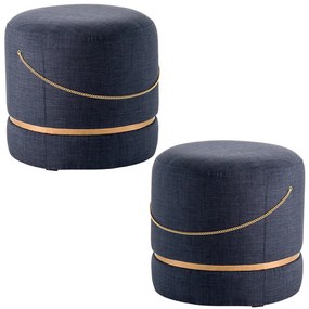 Kit 2 Puffs Decorativos Redondos Ryu Azul/Dourado G66 - Gran Belo