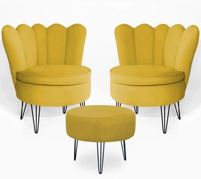 Conjunto 2 Poltrona Dália com Puff Chloe Pés Hairpin Legs Preto Veludo Amarelo