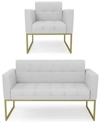 Sofá Namoradeira e 1 Poltrona Base Industrial Dourado Ana Linho Cinza