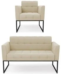 Sofá Namoradeira e 1 Poltrona Base Industrial Preto Ana Suede Bege - I