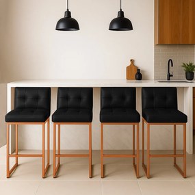 Banqueta Cozinha Alta com Encosto Industrial Kit 4 Bronze Lirina PU C05 - D'Rossi - Preto