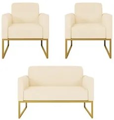 Kit Namoradeira e 2 Poltronas Decorativas Base Industrial Dourada Mare